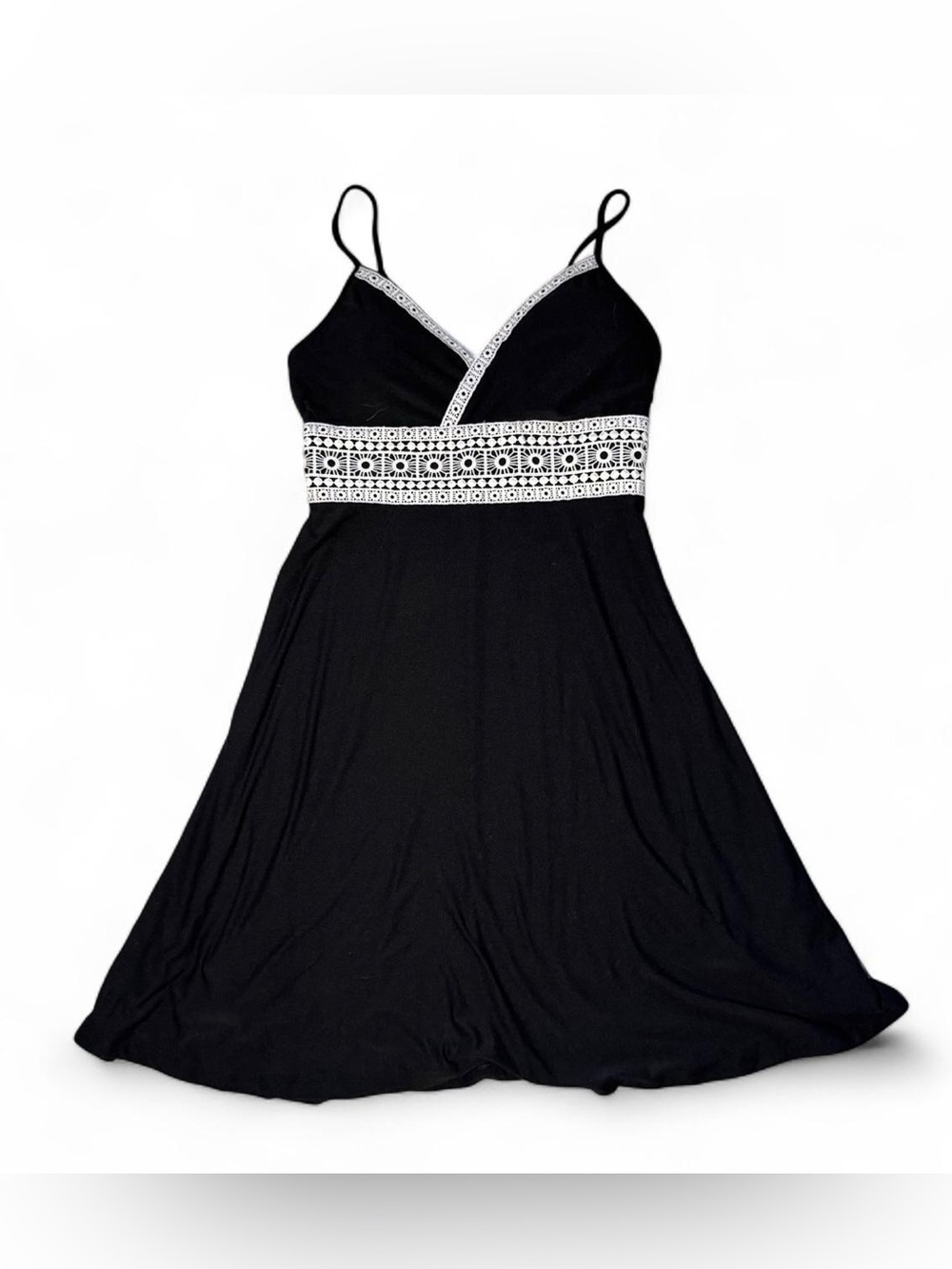 Y2K summer Black Mudd mini dress with white lace trim at waist and neckline🪷